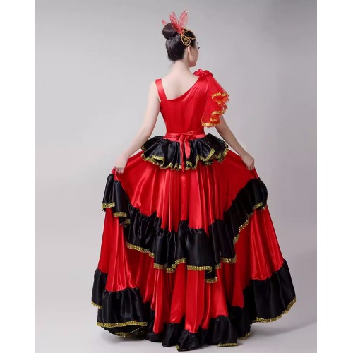 Red Flamenco Dance Dresses for Women Girls Spanish Paso Double Dance Oepning dance ballroom dance Swing Skirts for female